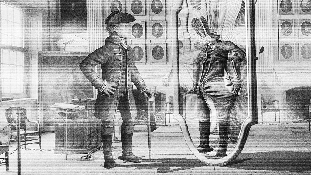 black-and-white illustration of colonial American man standing in large room with portraits on wall and desk, wearing hat, coat, and breeches with cane, looking at his distorted reflection in a fun-house mirror