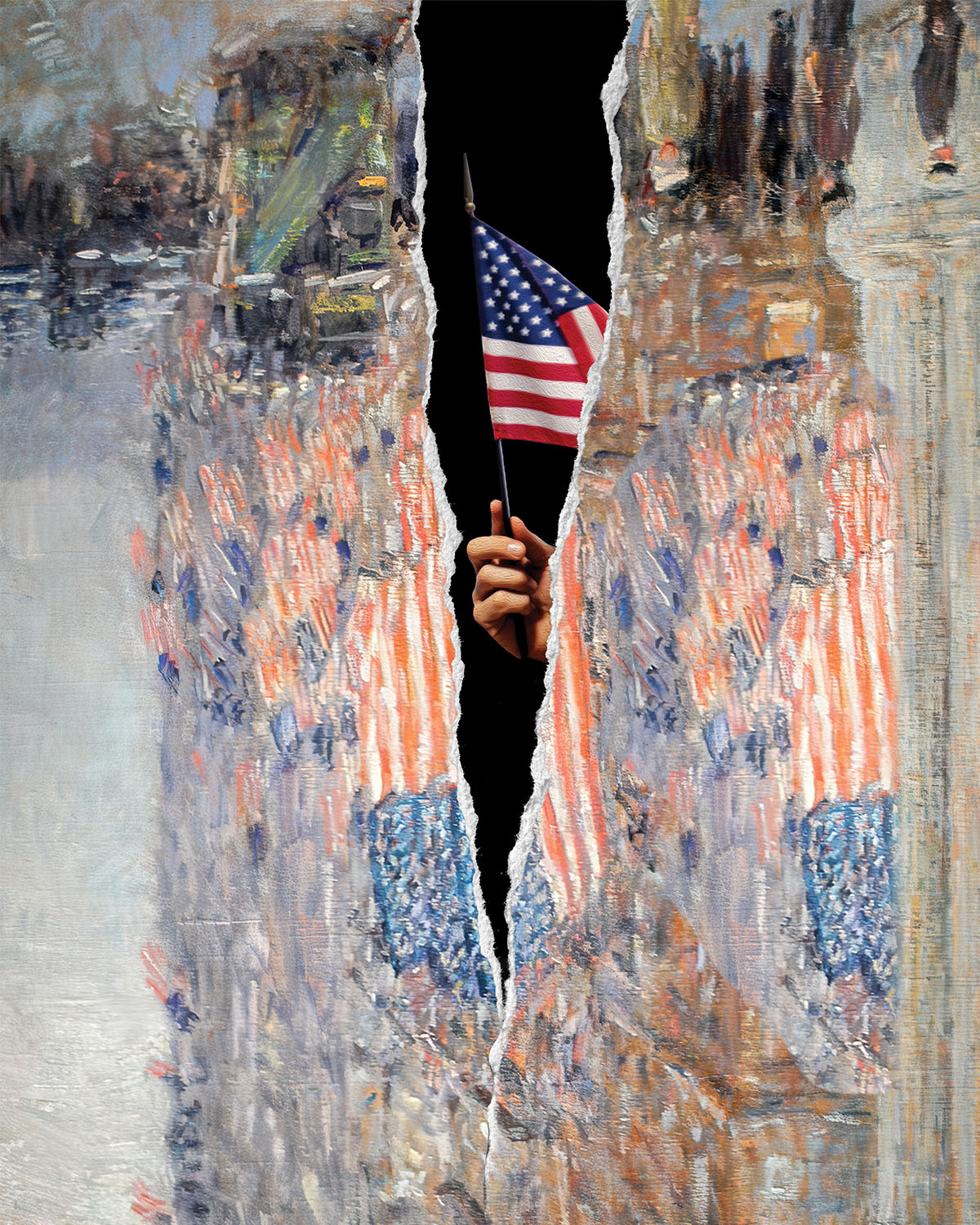 Detail of an illustration of a torn oil painting with numerous impressionist U.S. flags, with a hand reaching through the black v-shaped hole holding up a small U.S. flag.