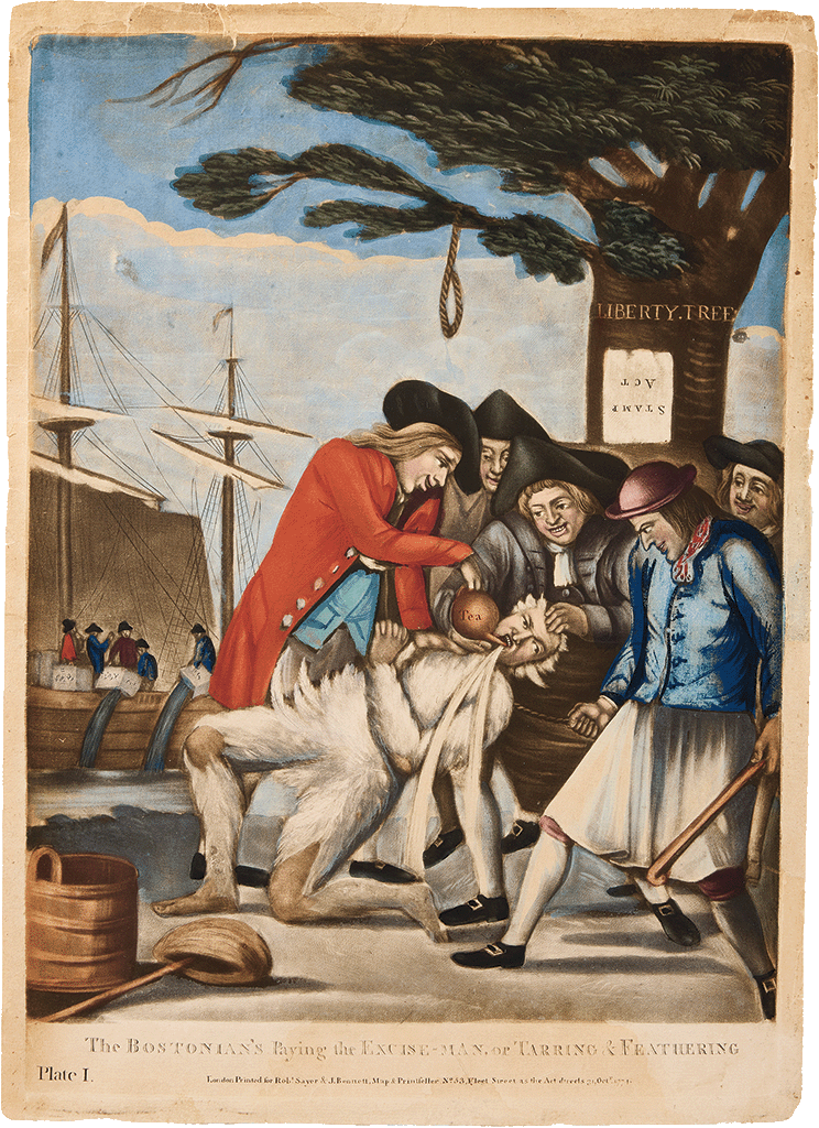 A depiction of the Loyalist customs official John Malcolm's second experience of tarring and feathering